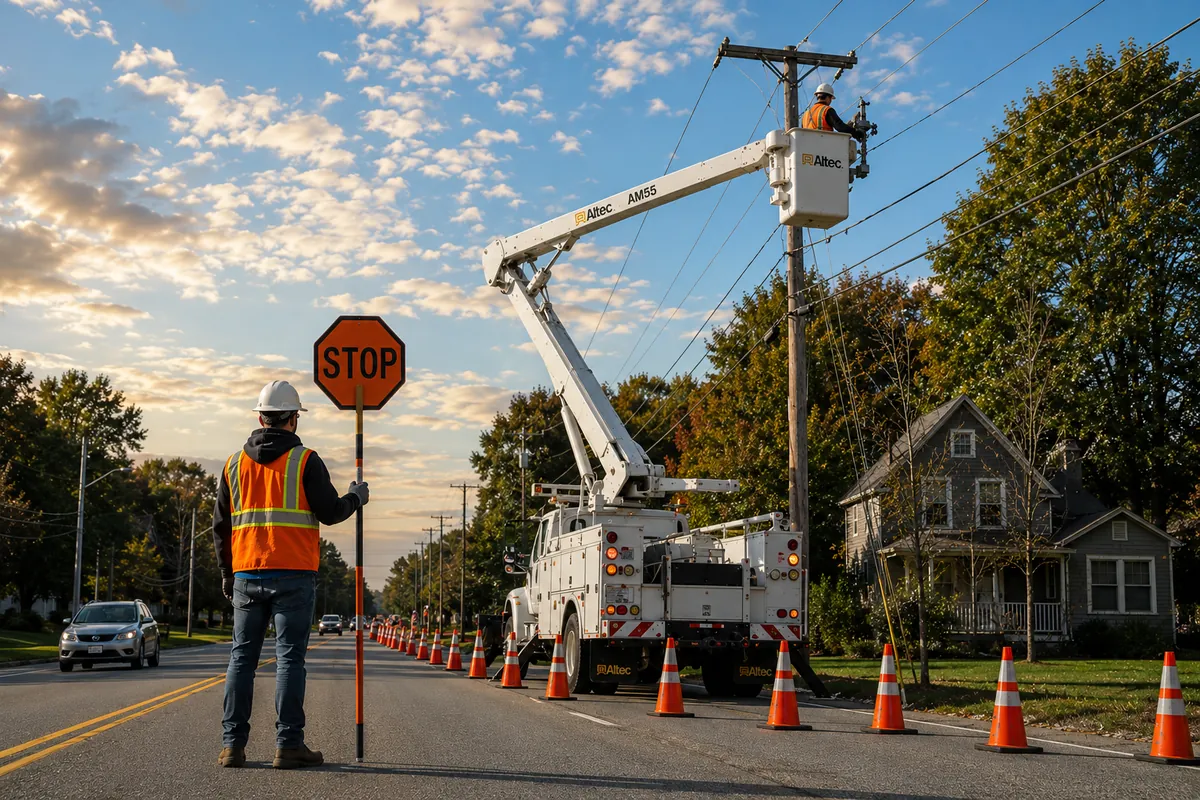 Traffic control flagger with utility bucket truck